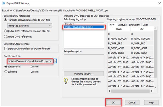 Export settings