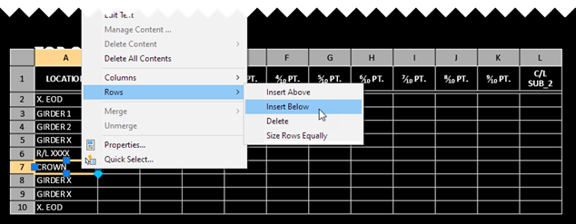 Table right-click menu