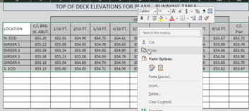 Table right-click menu