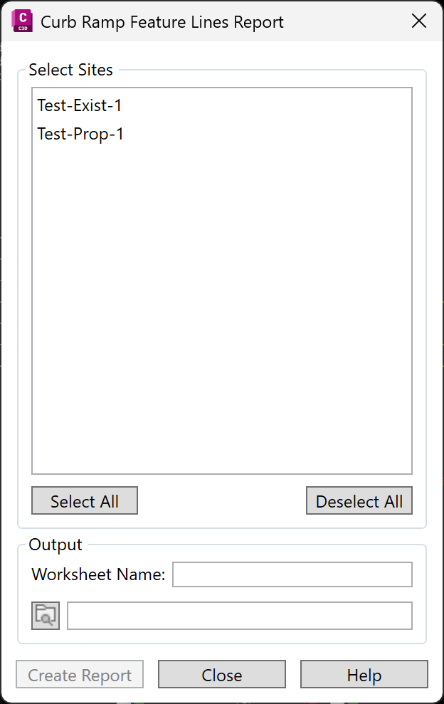 Curb Ramp Feature Lines Report dialog box